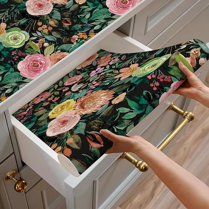 JiffDiff Dark Floral Peel and Stick Wallpaper 236.22" L x 17.7" W Black