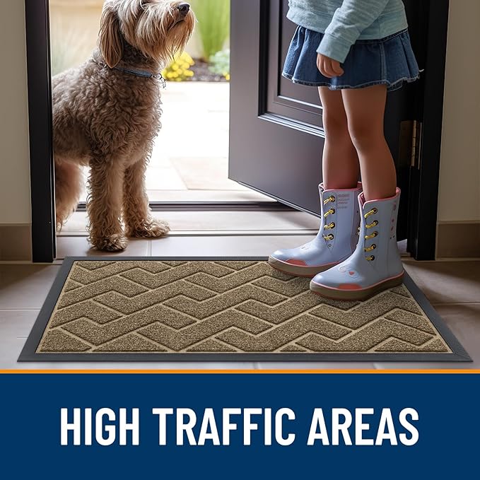 OLANLY Front Door Mat Indoor Outdoor Entrance, Waterproof All-Season, All-Weather Doormat, Sturdy Natural Rubber, Low Profile, Easy Clean Patio Porch Entryway Mat, Herringbone Brick (Brown, 59x35)