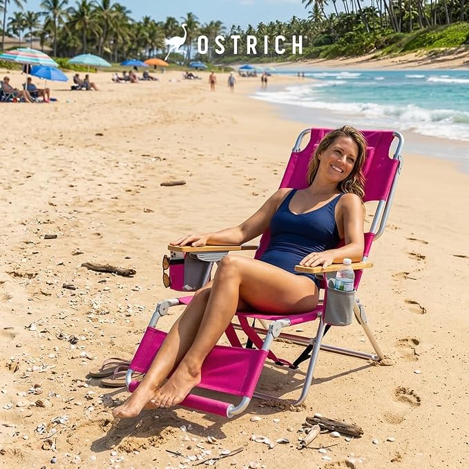 Ostrich the Woody Backpack 3N1 Portable Chair with Cooler Bag and Reclining Lounger for Tanning, Camping, Beach, and Outdoor Essential, Pink