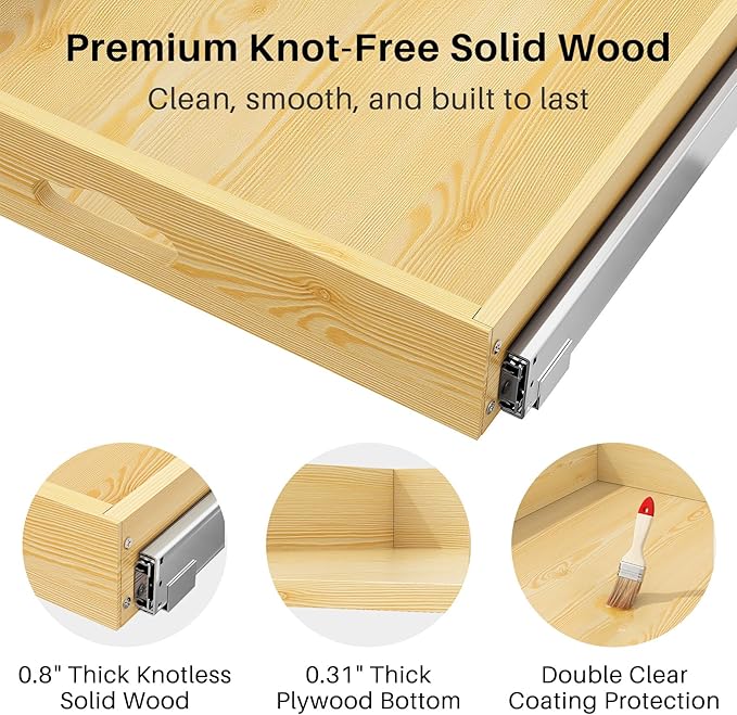 Pull Out Cabinet Organizer, Soft Close Wooden Slide Out Drawers for Pots and Pans, Full-extension Roll Out Shelves for Kitchen Cabinets, Pantry Organization, Bottom & Side Mount( 21"W X 21"D x 3.4''H)