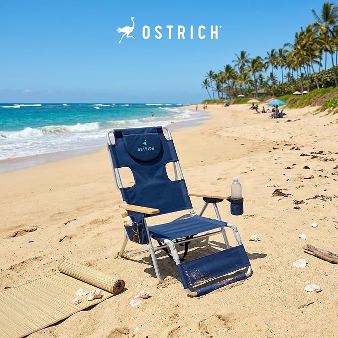Ostrich the Woody Backpack 3N1 Portable Chair with Cooler Bag and Reclining Lounger for Tanning, Camping, Beach, and Outdoor Essential, Navy Blue