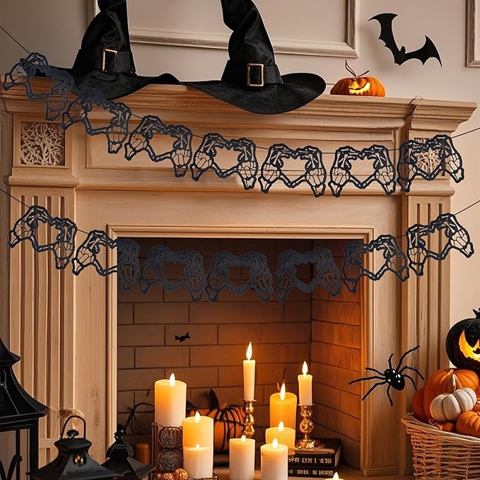 Skeleton Garland, Skeleton Heart Hands Banner, Black Glitter Spooky Hollow Heart Banner, Gothic Birthday Decorations Garland for Bachelorette Party Weddings Halloween Décor(14Pcs Heart)