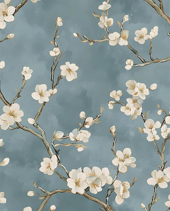 Blue Floral Wallpaper Peel and Stick Vintage White Flowers Contact Paper Vinyl