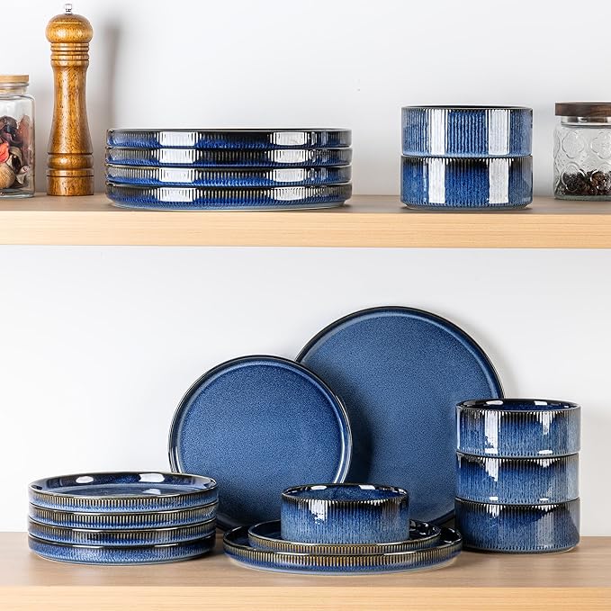 TheTerra Ceramic Dinnerware Sets for 4, 12 Pieces Porcelain Lightweight Plates and Bowls Sets, Scratch Resistant Dish Set, Oven & Microwave & Dishwasher Safe, Starry Blue