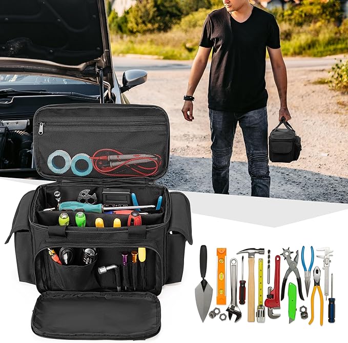 Rexmica Small Tool Bag with Anti-friction and Thick Padded Bottom, Tool Storage Organizer for Men, Tactical Bag, Range Bag, Multi-functional Work Tote for Repairman, Electrician, Carpenters, Handyman