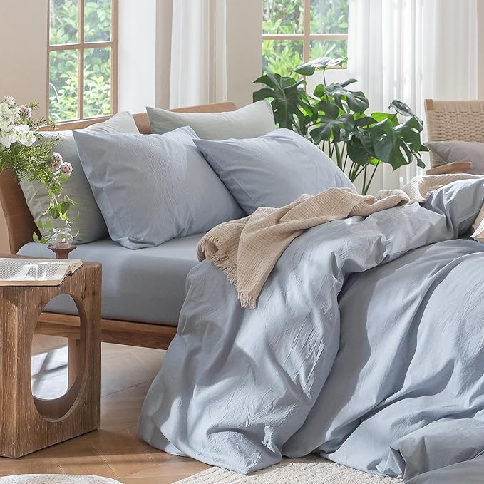 MooMee Bedding Duvet Cover Set 100% Washed Cotton Linen Like Textured Breathable Durable Soft Comfy (Heathered Cornflower Blue, Full 80"x90")