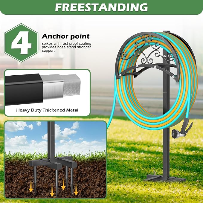 OLV Garden Hose Holder, Heavy Duty Metal Outdoor Water Hose Holder Freestanding Stake with 4 Spikes Holds 150-ft Pipe, Detachable Decorative Hose Stand Hanger Rack for Outside Yard Lawn Farm