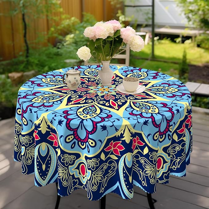 Eikione Round Tablecloth, Boho Tablecloth Waterproof and Wrinkle-Free, Boho Table Covers, Summer Decorations for Home 70inch