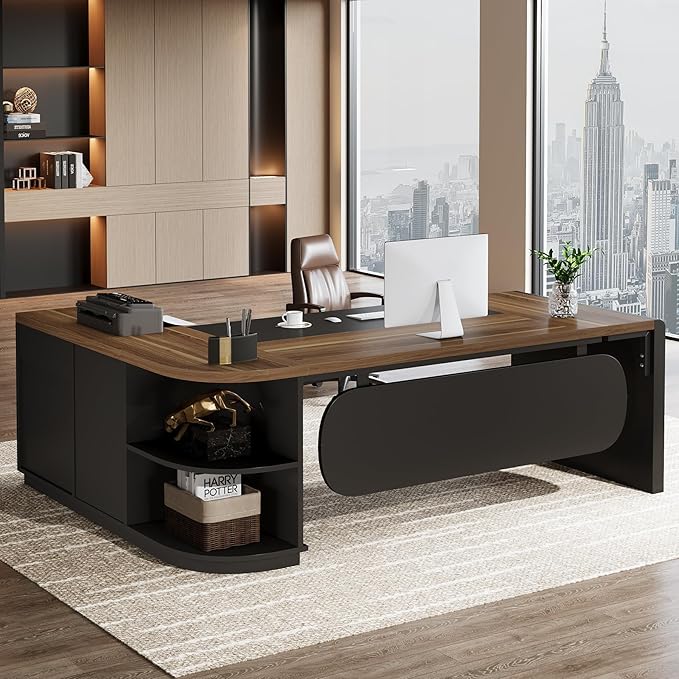 Tribesigns 80'' L-Shaped Desk Set of 4, Large Executive Office Desk with 55'' Drawers Cabinet, Modern Computer Table with Storage Shelves, Business Furniture for Office, Brown