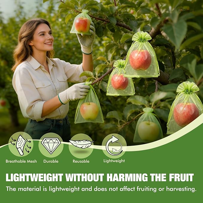 50 Pcs Drawstring Fruit Protection Bags, 6×9 Inch Green Mesh Fruit Net Covers, Anti-Bird Anti-Insect Garden Protective Bags for Fruit Tree, Tomato, Strawberry, Apple, Cherry, Grapes and Vegetables