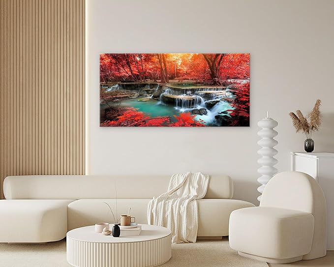 Muolunna BK03998 Wall Art Decor Canvas Print Picture Red Forest Waterfalls 1 Piece Modern Landscape Tree for Living Room Bedroom Office Home Decorations Stretched and Framed Ready to Hang