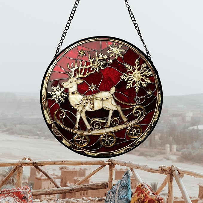 Stained Glass Window Hanging 4 Pcs Set Red Christmas Elk Snowflakes 7.8" - Deer Suncatcher Door Garden Sun Catcher Decor Birthday for Mom Woman Nana Men Friend