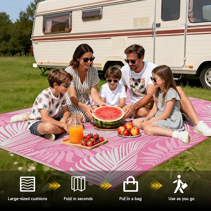Pauwer Waterproof Outdoor Rug 6x9, Reversible Plastic Straw Patio Camping Rug, Indoor Outdoor RV Mat Carpet for Deck, Camper, Porch, Balcony, Backyard, Picnic, Leaf Pink
