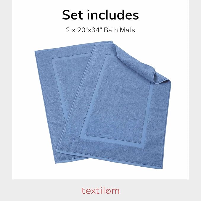 TEXTILOM Luxury 2 Pack Banded Cotton Bath Mats for Bathroom Floor [ Hotel, Spa, Tub, Shower Bath Mat Floor Towel Set ], Machine Washable & Soft & Absorbent & Quick Dry (20''x34'')- Blue