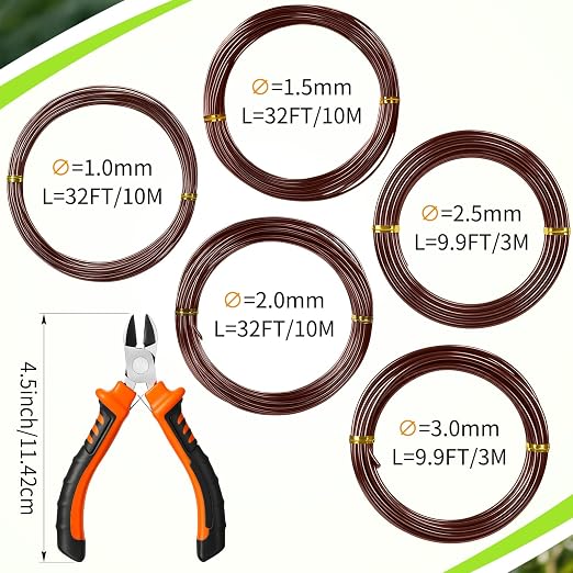 Mudder 5 Roll Aluminum Bonsai Training Wire Tree 1/1.5/2/2.5/3mm 118 Feet Total with Bonsai Wire Cutter Anodized Training for Holding Branches Small Trunks(Brown)