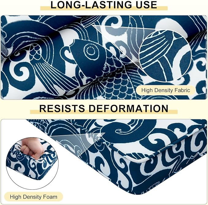 downluxe Outdoor Chair Cushions Set of 4, Waterproof 19" x 19" x 3" Patio Chair Cushion with Non-Slip Ties & Handle, Square Outdoor Cushion for Patio Furniture with Removable Cover, Blue Carp