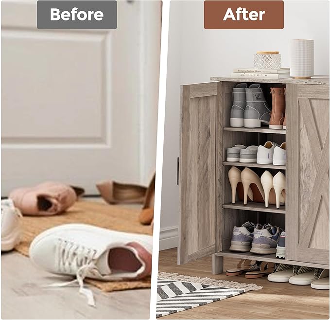 Farmhouse Shoe Cabinet with 2 Barn Doors & Wood Legs, 5-Tier Shoe Storage Cabinet with 3 Adjustable Shelves, Tall Shoe Rack Organizer for Closet, Shoe Organizer for Entryway, Hallway, Greige