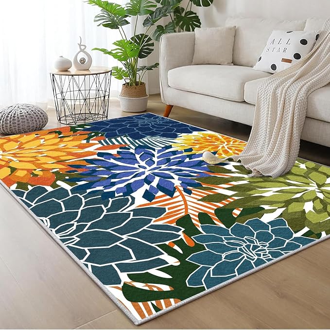 ZonLi Colorful Outdoor Rug 5x8Ft Waterproof Multicolored Indoor Area Rug Washable Outdoor Patio Rugs Tropical Floral Non Slip Outdoor Carpet for Living Room, Pool,Backyard,Deck,Camping