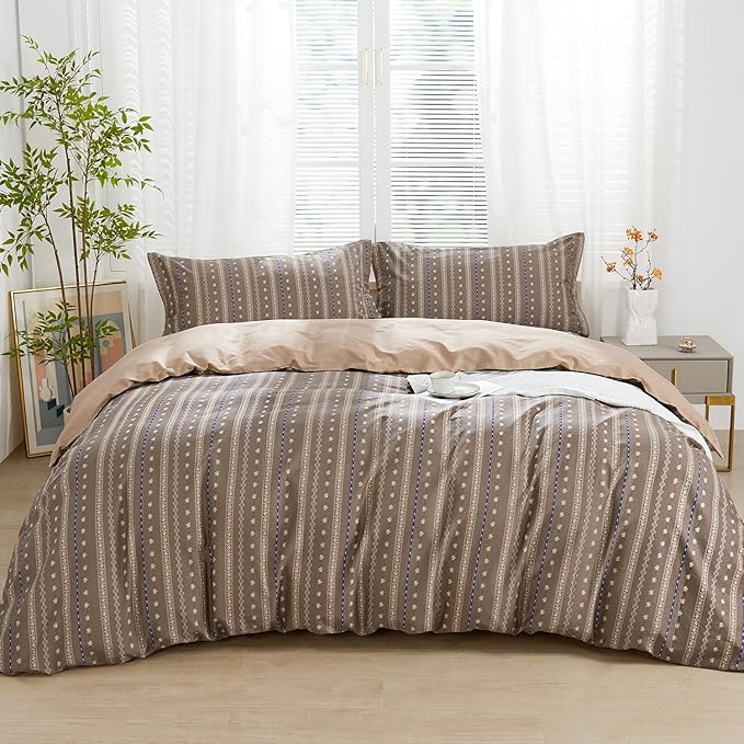 SAPHREAS Brown Stripe Duvet Cover Set Full Size 3pcs Floral Pattern Bedding Comforter Cover Set 100% Cotton 1 Duvet Cover 80"x90" 2 Pillow Shams, Comforter Not Included