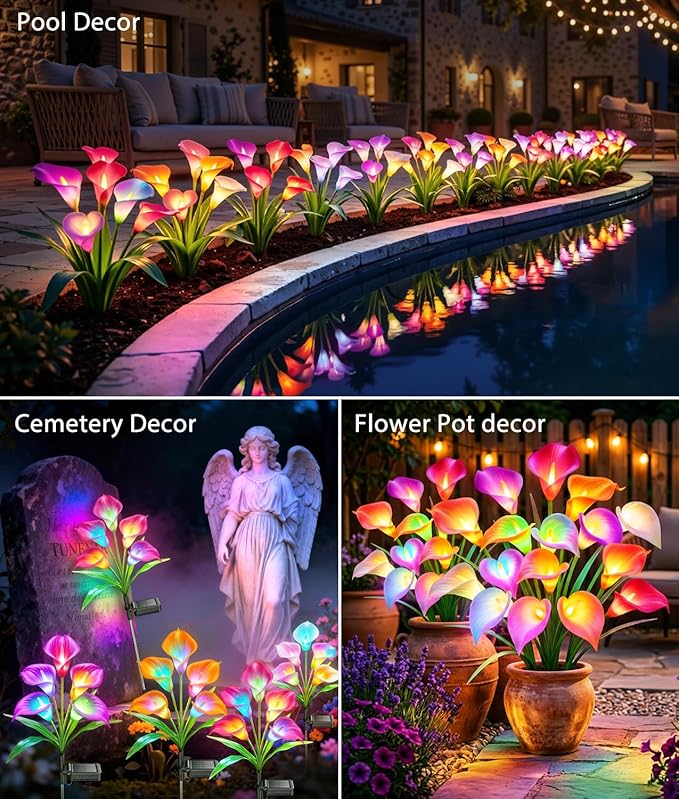 KOOPER Solar Lights Outdoor Decorative, 4 Pack Color Changing Solar Garden Lights With 20 Calla Lily Flower Lights, Solar Flowers Outdoor Waterproof IP65 For Yard Lawn Garden Decor, Gift For Women Mom