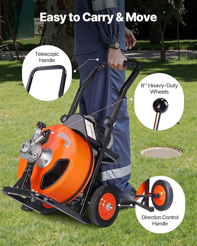 VEVOR Drain Cleaner Machine 100Ft X 3/8Inch, Sewer Snake Machine Auto Feed, Drain Cleaning Machine with 4 Cutter & Air-activated Foot Switch for 2" to 4" Pipes