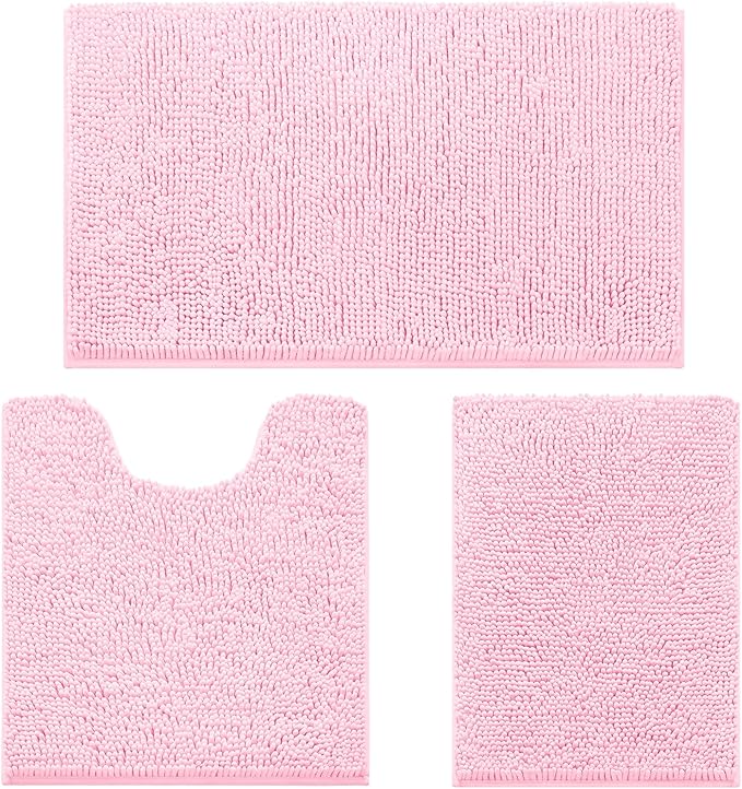HOMEIDEAS 3 Pieces Bathroom Rugs, Ultra Soft Non Slip Absorbent Chenille Toilet Bath Mat Set (Light Pink)
