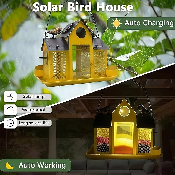 Solar Bird Feeders House for Outside Hanging, Metal Wild Bird Feeder for Outdoors Large Capacity Cardinal Birdfeeder Birdhouses Metal Bird Feeding Station Yellow