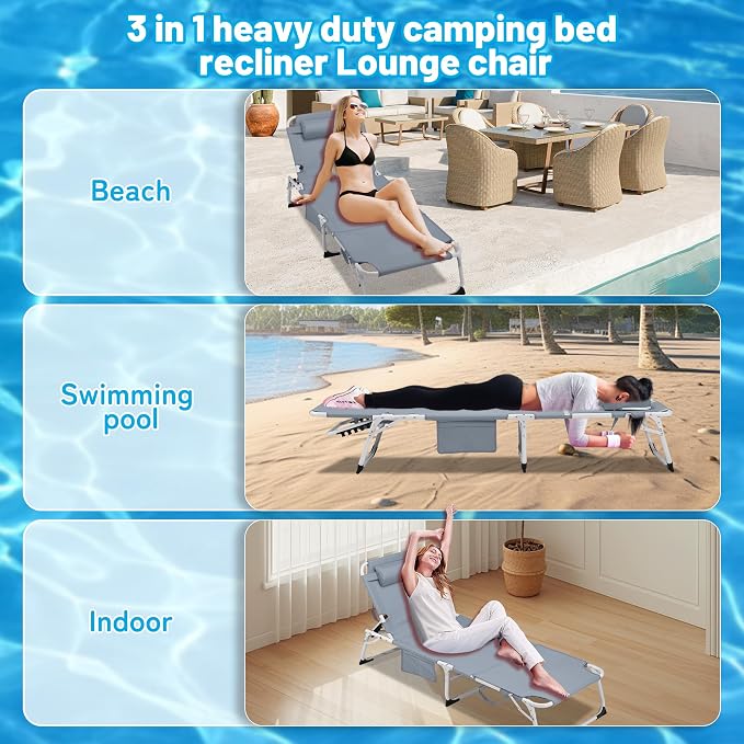 3-in-1 Oversized Sun Tanning Chair with Mat & Face Hole, Heavy Duty Folding Chaise Lounge - 5-Position Adjustable Outdoor Chair for Beach, Pool, Patio, Lawn, Yard - Includes Pillow