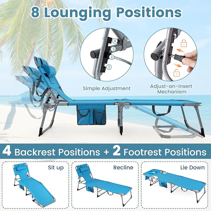 COSTWAY Tanning Chair with Face Hole, Folding Beach Lounge Chair with 4-Position Adjustable Backrest, Pillow & Side Pocket, Foldable Chaise Lounge Chair Outdoor for Sunbathing, Camping (2, Blue)