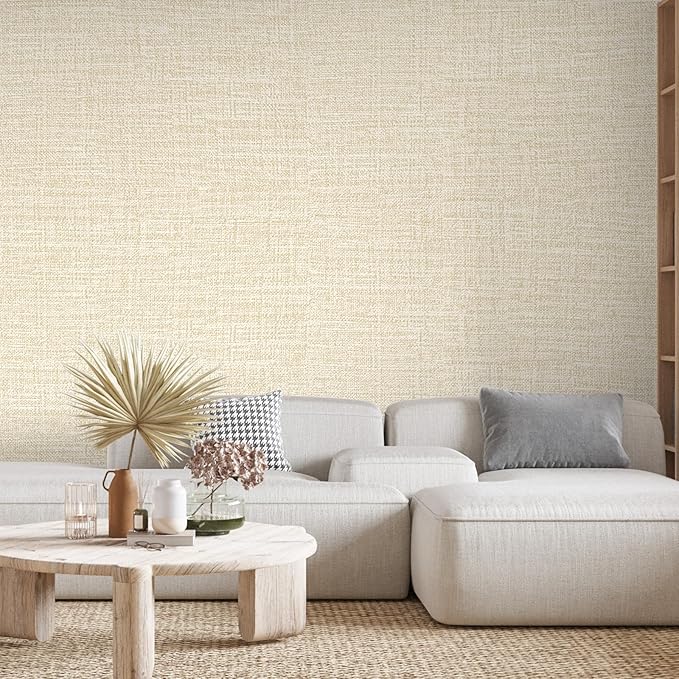 Beige Grasscloth Peel and Stick Wallpaper 17.3"x300" Faux Linen Textured