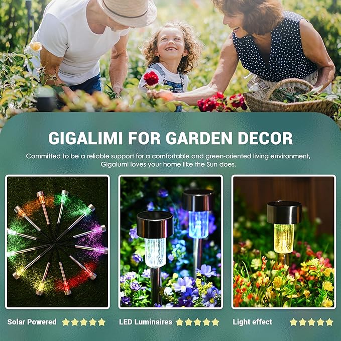 GIGALUMI Solar Lights Outdoor Waterproof, 20 Pack, Stainless Steel LED Solar Garden Lights for Patio, Lawn, Yard and Landscape,Garden Decor Patio Decor, Multicolor