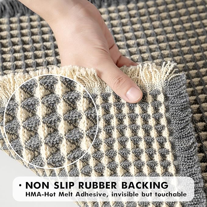 MIULEE Set of 2 Waffle Bathroom Rugs, Boho Bath Rugs Non Slip Washable, Super Absorbent Bath Mats, Ultra Soft Rubber Backed Shower Mats for Bathroom Floor, Tub, Dark Grey & Yellow, 17x24 Inch