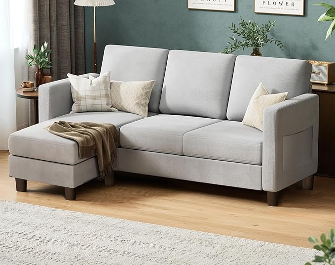 VICTONE Convertible Sectional Sofa Couch, 3 Seat L-Shaped Sofa with Linen Fabric Ottoman Small Couch for Small Apartments, Living Room and Office (Linen Fabric, Light Gray)