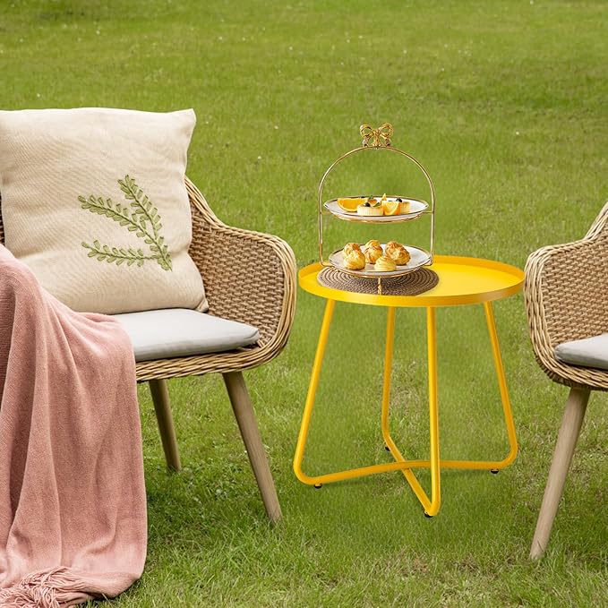 danpinera Outdoor Side Tables, Weather Resistant Steel Patio Side Table, Small Round Outdoor End Table Metal Side Table for Patio Yard Balcony Garden Bedside Yellow
