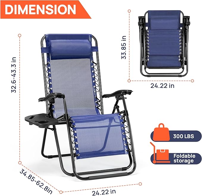 Alpen Folding Lounge Chair Outdoor Set of 2, Lawn Chairs Adjustable & Foldable with Side Table Headrest, Portable Blue Reclining Camping Chair for Outdoor Camping, Blue