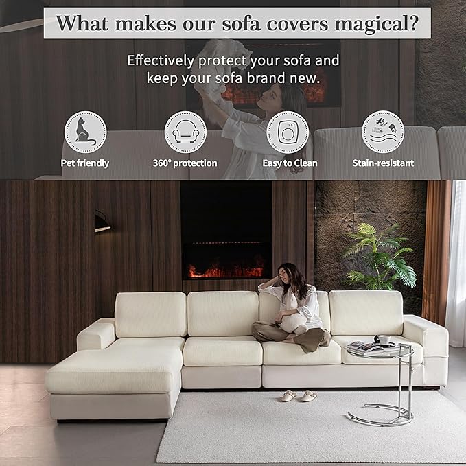 OHSIO Sectional Couch Covers, Wear Resistant Stretch Sofa Covers Washable Soft Couch Cushion Covers Anti Slip Furniture Protector Sofa Slipcovers for Pets (1 Piece Oversized Sofa Cushion, Ivory)