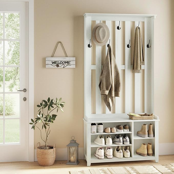 VASAGLE Hall Tree with Bench and Shoe Storage, Coat Rack with Shoe Bench, 7 Double Hooks for Jackets, Hats, Entryway, Bedroom, Living Room, 13.8 x 31.9 x 70.9 Inches, Rustic White UHSR414W01