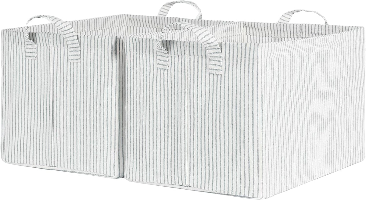 StorageWorks Storage Bins, Fabric Storage Bins for Shelves, Large Storage Baskets with Metal Frame, Closet Baskets and Bins with Handles, Khaki and Beige Stripes, 2-Pack