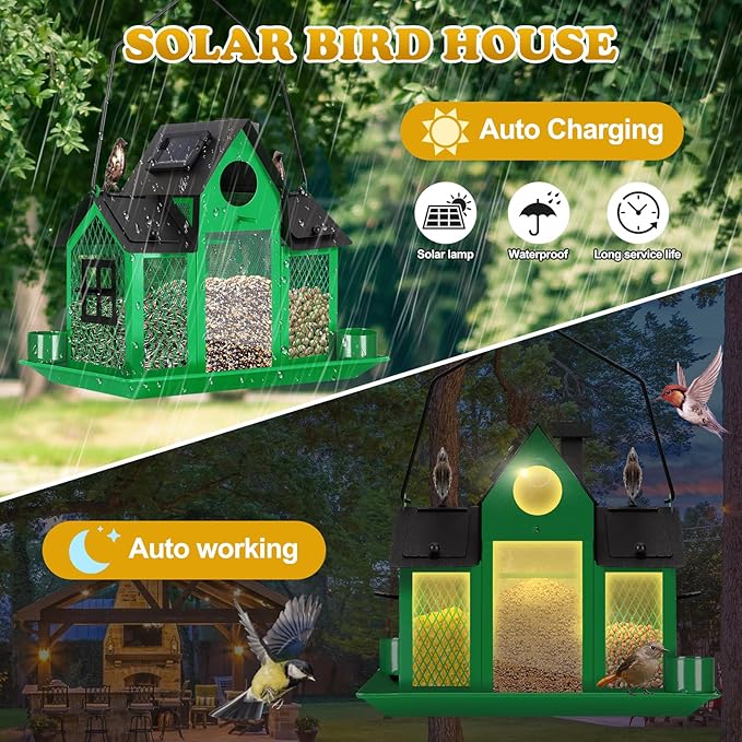 YYWMWM Solar Bird Feeders House for Outside Hanging, Metal Wild Bird Feeder for Outdoors, Large Cardinal Bird Feeder Birdhouses Green