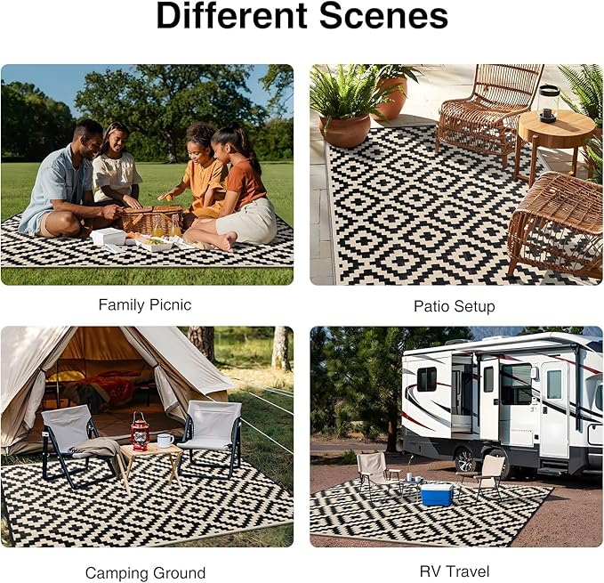 OLANLY Waterproof Outdoor Rug 6x9 ft, Outdoor Plastic Straw Rug for Camping, RV Mat Outside, Outdoor Carpet for Porch, Deck, Backyard, Balcony, Picnic, Black & Beige