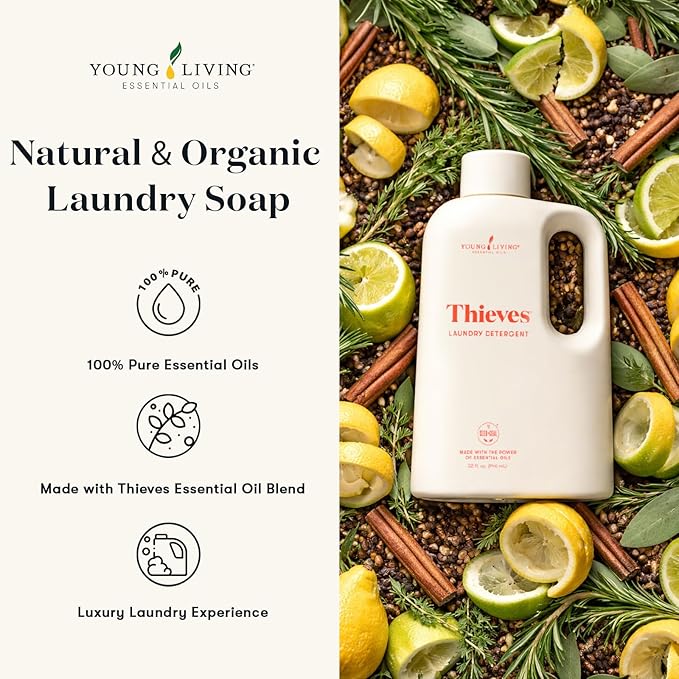 Young Living Thieves Laundry Detergent, Concentrated Plant-Based Formula with Enzymes, Fresh Citrus Scent, For HE and Standard Washers, 32 fl oz - 2 Pack