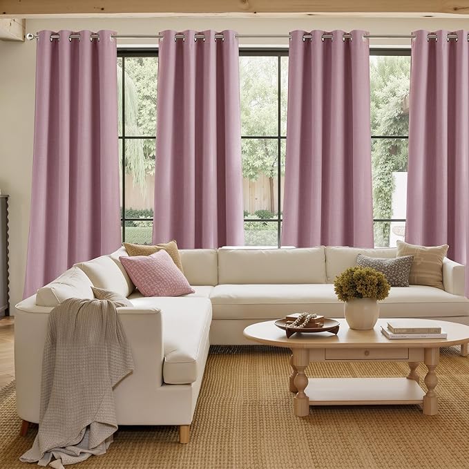 NICETOWN Pink Faux Linen Room Darkening Rod Pocket Curtains 63 inch Length