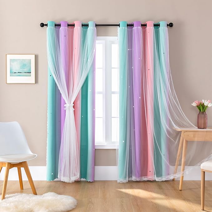 XiDi Curtains for Bedroom Decor, RainbowPink Purple Green 42/84/1