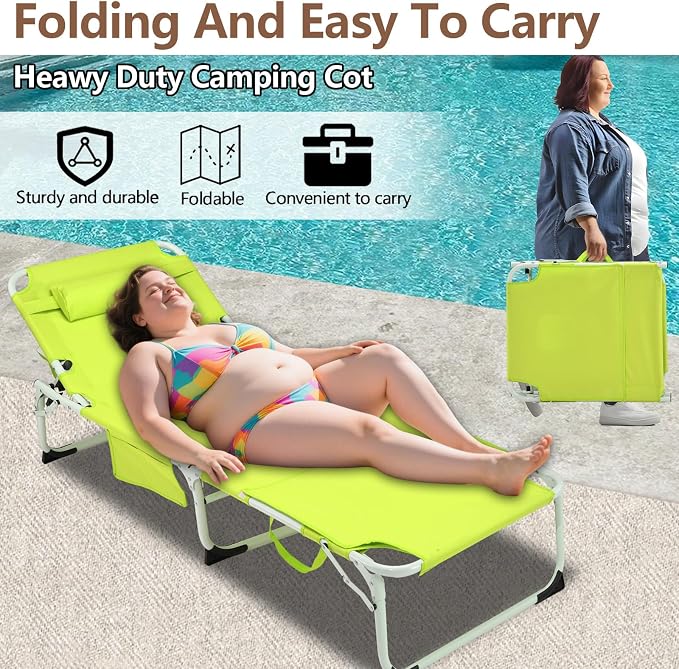 3-in-1 Heavy Duty Tanning Chair with Face Hole Adjustable 5-Position Folding Chaise Lounge Chairs Portable Lay Flat Beach Lounge Chair for Outdoor Sunbathing Patio Pool Lawn Camping Deck (Green)