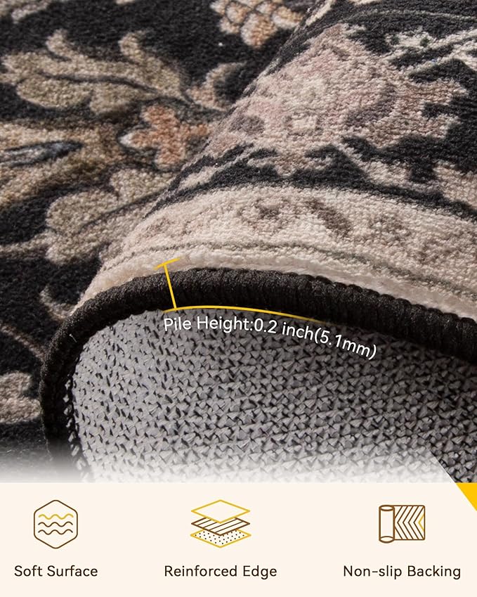 Area Rugs 7'x10' Washable Non-Slip, Floral Vintage Distress Print Pattern Medallion Carpet for Living Room Bedroom Dining Room, Black Brown Neutral Dark Tan