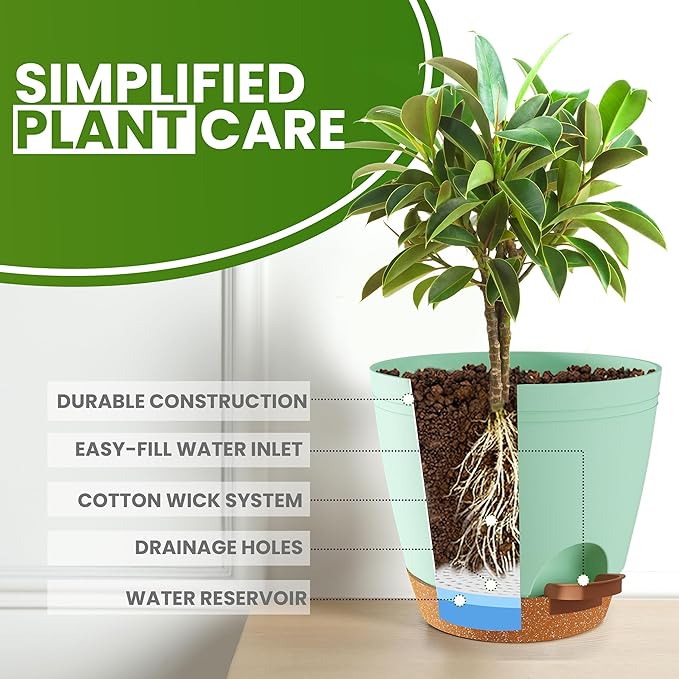 Utopia Home Self Watering Pots for Indoor Plants, Planters for Indoor Plants, Multi-Size Flowerpot, Set of 5 Plant Pots with Drainage & Reservoir, 6.8"/6.4"/5.9"/5.5"/4.9" (Olive Green)
