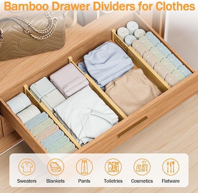 Bamboo Drawer Dividers 4" High, 16.5-22" Adjustable Drawer Organizers for Clothes,Expandable Dresser Separators in Bedroom/Kitchen/Bathroom/Office Organization and Storage,6 Pack