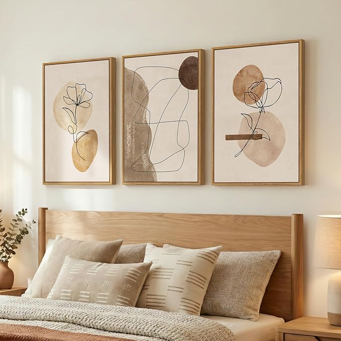Framed Neutral Abstract Boho Wall Art Bedroom, 3 Piece Brown Black Botanical