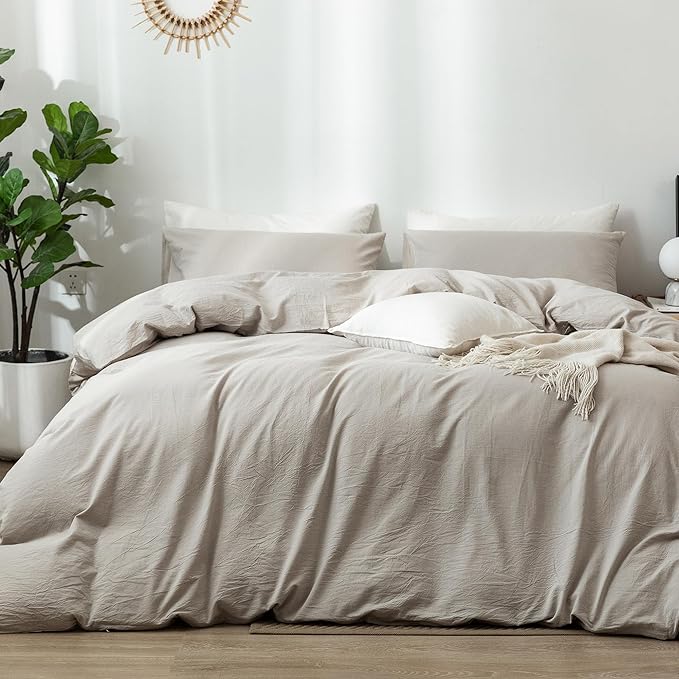 MooMee Bedding Duvet Cover Set 100% Washed Cotton Linen Like Textured Breathable Durable Soft Comfy (Heathered Cream Grey, Twin 68"x90")