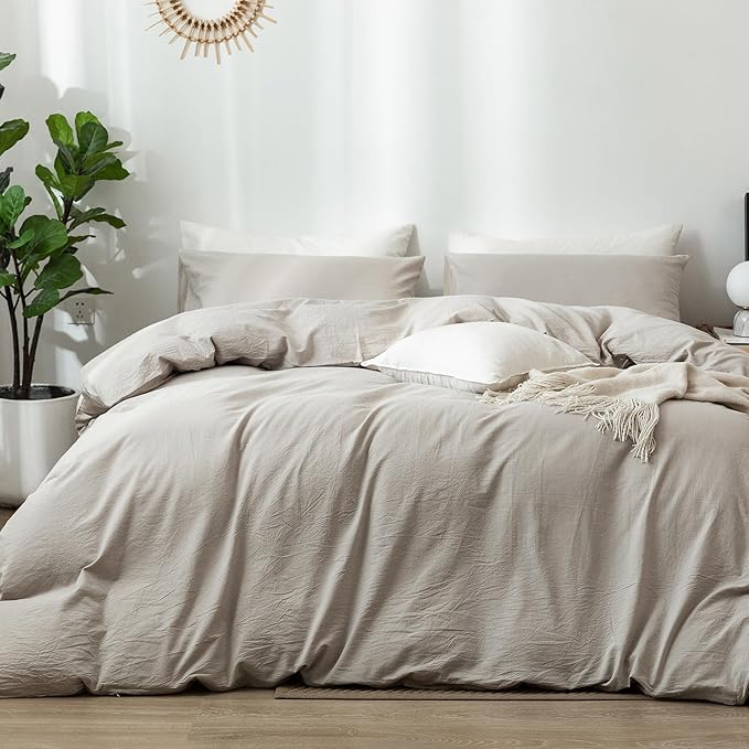 MooMee Bedding Duvet Cover Set 100% Washed Cotton Linen Like Textured Breathable Durable Soft Comfy (Heathered Cream Grey, Full 80"x90")